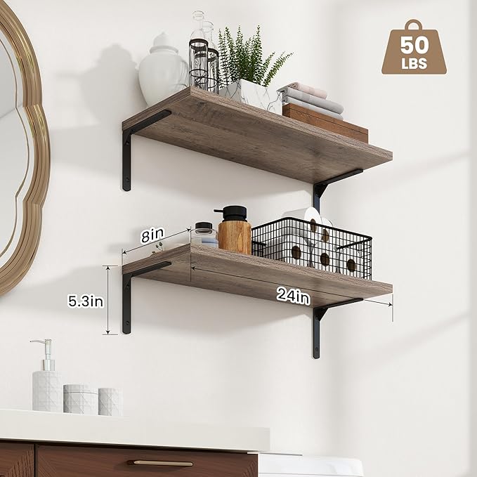 Fun Memories Deep Floating Shelves, 24W x 8D Floating Shelves Set of 2, Wall Mounted Shelf with Metal Brackets, Rustic Wood Wall Shelf for Bathroom, Kitchen and Living Room, Grey
