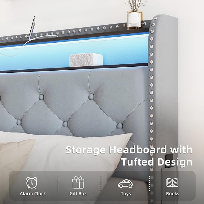 BRELTAM Bed Frame Queen Size with 4 Storage Drawers Upholstered Velvet Bed Frame with LED and Charging Station,Platform Bed Frame with Headboard Heavy Duty Wood Slats,Noise Free,Bluish Grey