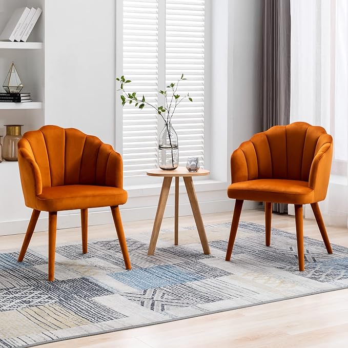 Velvet Dining Chairs Set of 2 Modern Living Room Chairs with Petal Back & Wood Legs Comfy Upholstered Side Chair for Dining Room/Bedroom/Vanity, Orange