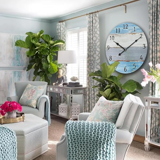 Large Wall Clock for Living Room Decor，24 Inch Blue Round Wood Clock for Bedroom,Coastal Vintage Rustic Clock for Farmhouse Kitchen