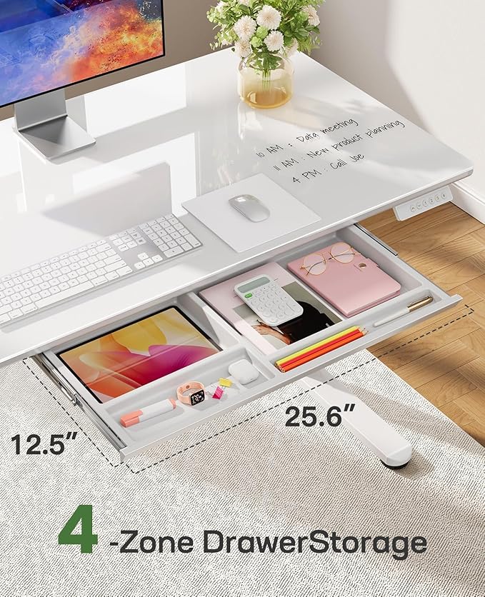 Marsail Glass Standing Desk with Drawer 37 x 22 Inches Stand up Desk Standing Desk Adjustable Height with One-Piece Tempered Glass Top, Ergonomic Home Office Desk with 4 Preset Heights White