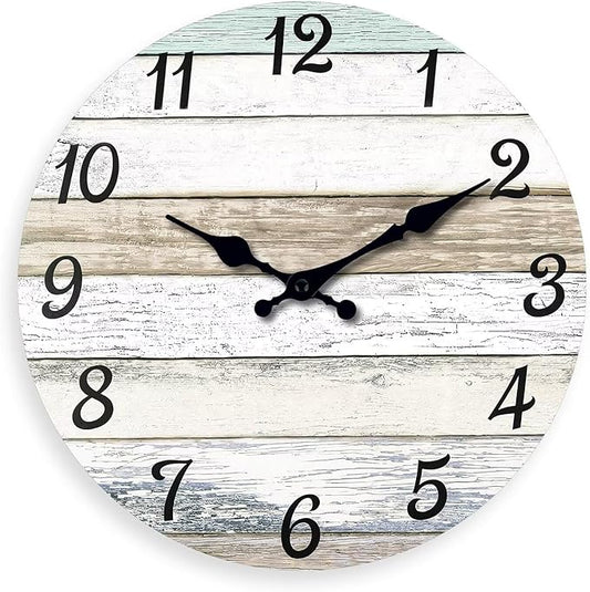 XNM Rustic Wall Clock for Bedroom Round Wood Wall Clocks Battery Operated 12 Inch Farmhouse Clock Non Ticking (MDF No Solid Wood)