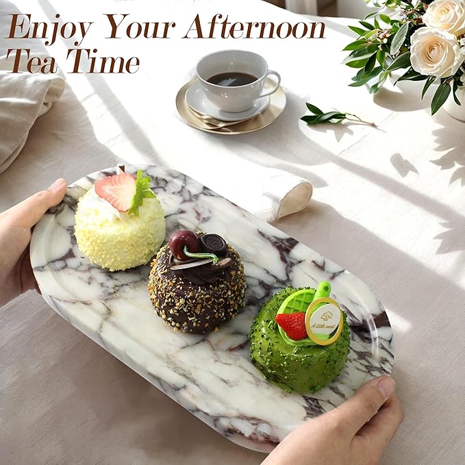 100% Real Natural Marble Tray for Bathroom, Luxury Calacatta Viola Stone Vanity Tray, Decorative Oval Trays for Countertop Storage Organizer, Dresser, Kitchen, Home Decor, 11.8" x 6", Purple