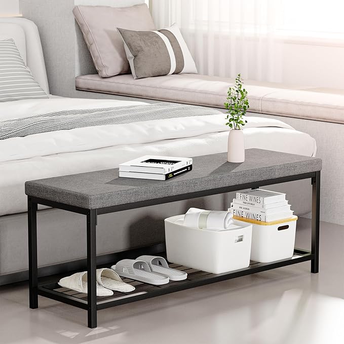 Shoe Bench, 43.3" Entryway Bench with Cushion Seat, Shoe Rack Bench with Storage, Modern Style, Holds Up to 350 lb, for Living Room, Bedroom, Hallway, Grey