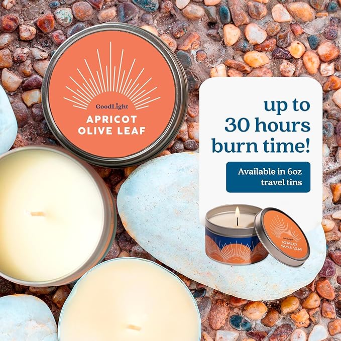 GoodLight Paraffin-Free Scented Candle, Clean Burning Non-Toxic Tin Candles, Apricot Olive Leaf Essential Oil Scented Travel Candle