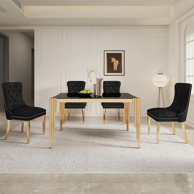 51" Rectangle Glass Dining Table, Modern Kitchen Table with Tempered Glass Top and Tubular Stainless Steel Legs for 4-6, Easy Assembly for Kitchen, Dining Room (Black, Gold)