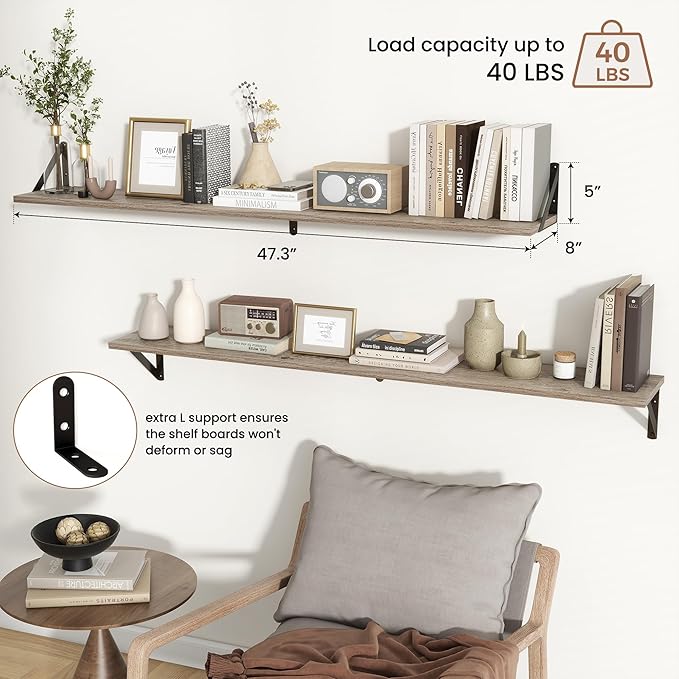 Axeman Floating Shelves for Wall 48 Inch | 47.3W x 8D Rustic Grey Wood Floating Shelves Set of 2 | 8" Deep Long Wall Shelves for Bathroom Kitchen Living Room | Bookshelf Display Shelves
