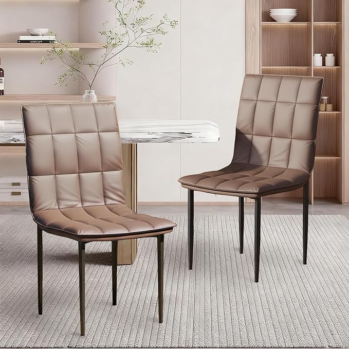 Dining Chairs Set of 2, PU Leather Upholstered Kitchen Chair with Metal Legs, Modern Accent Chairs, Brown Dinner Chairs for Kitchen, Dining Room, Restaurant, Cafe, Bedroom, Balcony, Courtyard