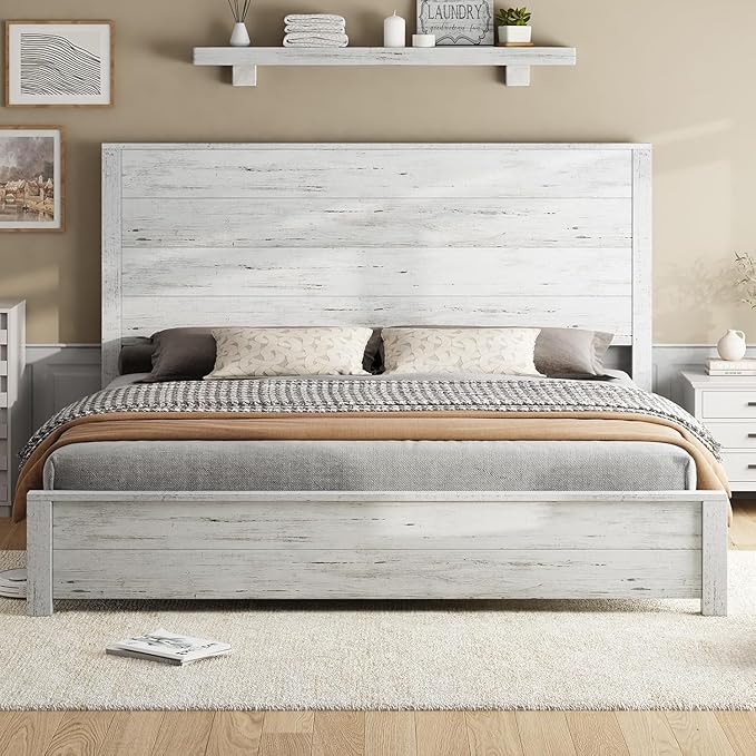 AMERLIFE Full Size 51.2" Wood Bed Frame, Rustic Platform Bed with Spliced Headboard, Wood Slats Support/No Box Spring Needed/Noiseless/Antique White