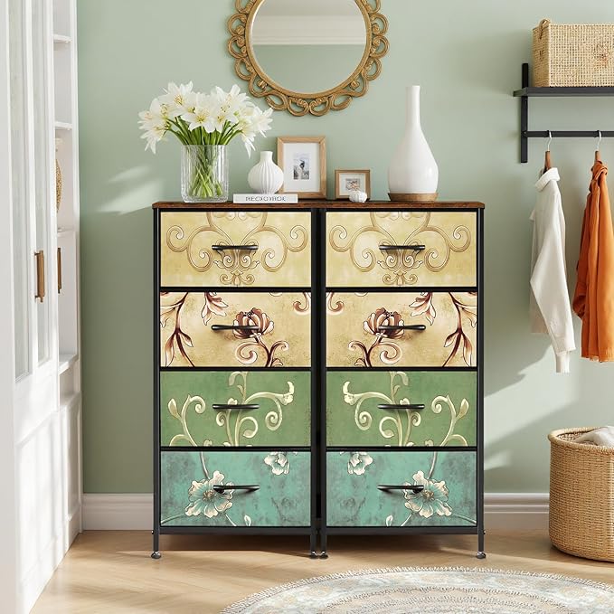 Nightstand, 4 Drawer Dresser End Table Bedside Furniture with Wooden Top Steel Frame Fabric Bins for Bedroom, Closet, Entryway, Dorm, Living Room, Floral Painted