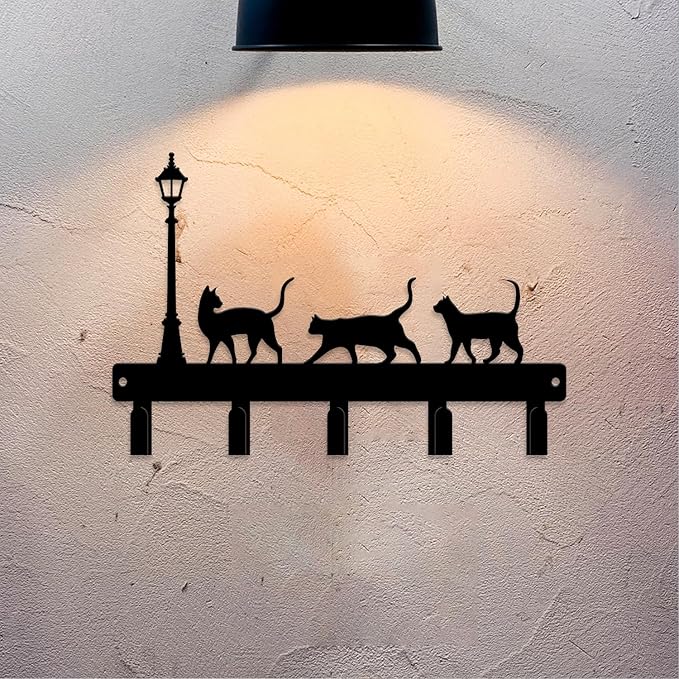 magilab Cat-Themed 10-Inch Iron Key Hooks with 5 Hooks, Black Wall Organizer - Cute Cat Design for Home Decor, No Drill & Screw-in Options (Style G)