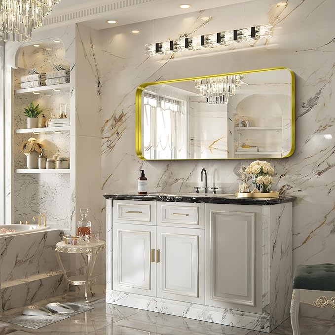 FORBATH 24x48 Inch Bathroom Mirror, Brushed Gold Deep Frame Narrow Wall Mirror with Rounded Corners, Anti-Rust Tempered Glass for Modern Farmhouse Vanity (Horizontal/Vertical)