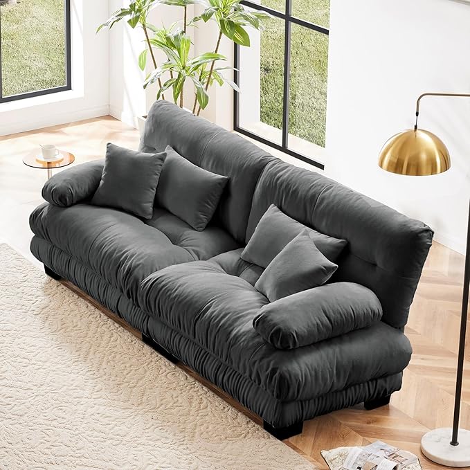 94.4” Loveseat Sofa, 2 Seater Modular Sectional Sofa, Grey Large Sectional Fluffy Couch Set, Chenille Cloud Couch with 4 Pillows, Deep Seat Sofas for Living Room