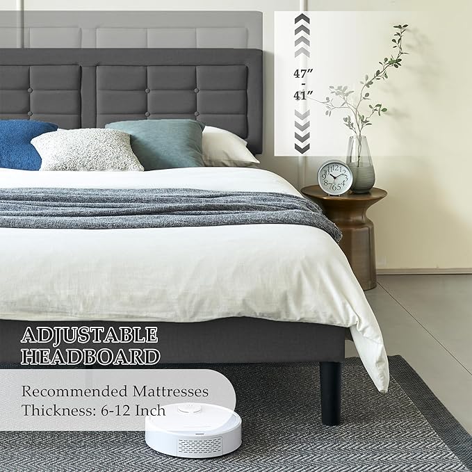VECELO Queen Size Bed Frame with Adjustable Headboard, Upholstered Button Tufted Platform Bedframe with Wood Slats Support, No Box Spring Needed, Linen Fabric & Grey