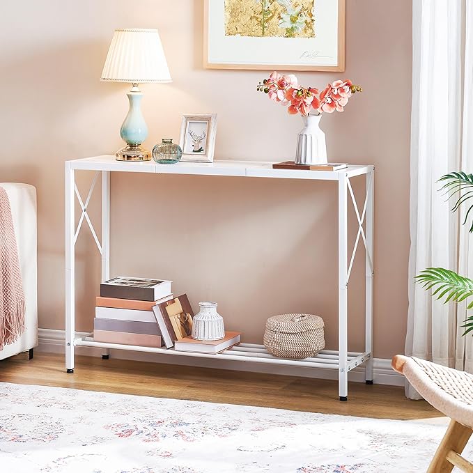 Tajsoon Console Table 41.8”, 2-Tier Entryway Table Narrow Sofa Table with Shelves, Entrance Table with Stable X-Frame, for Entryway, Hallway, Living Room, Foyer, Corridor, Office, White
