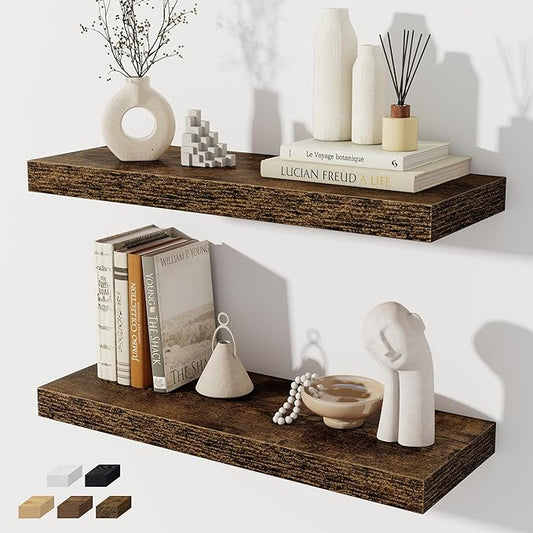 Floating Shelves for Wall, 24 Inch Floating Shelves Set of 2, Wall Mounted Rustic Wood Shelf for Bathroom, Living Room, Bedroom and Kitchen, Hanging Shelf for Storage, Books, Home Decor, Rustic Brown