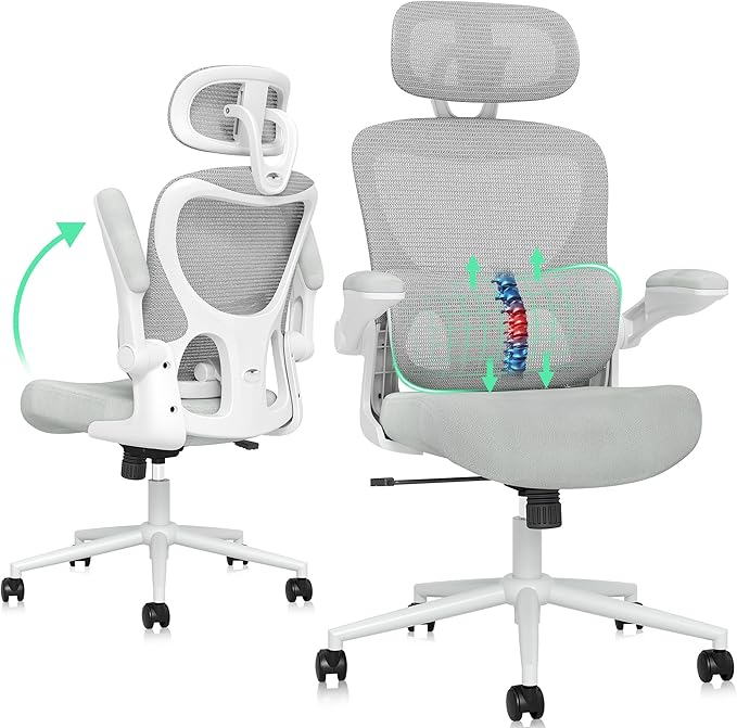 SUNNOW Ergonomic Office Chair, Comfy Mesh Desk Chair, High Back Computer Gaming Chairs with Adjustable Lumbar Support, Flip-Up Arms, Headrest, Tilt Function, Wide Cushion, Swivel Wheel, BIFMA Quality