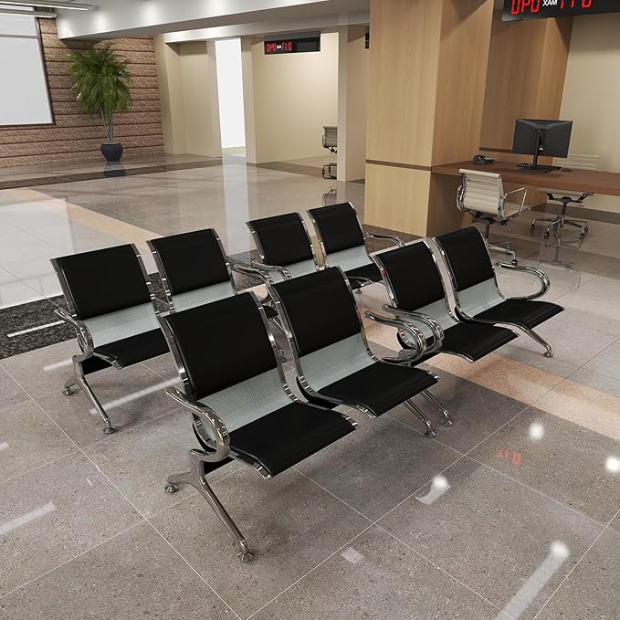 Kinfant Waiting Room Bench Set - 2-Seat PU Leather Waiting Room Chair Office Guest Reception Chair with Armrest, Airport, Hospital, Bank, Salon, Barbershop(Black, Set of 4)