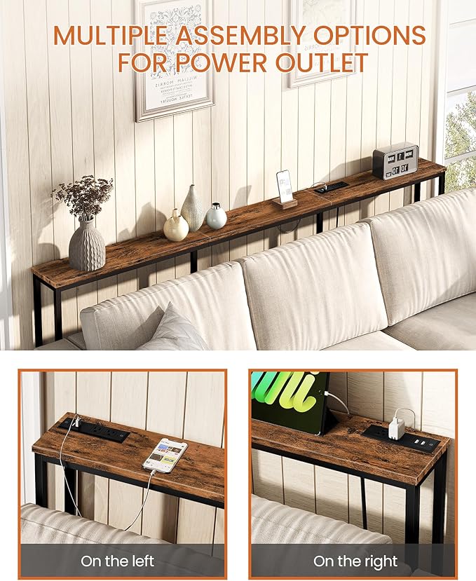78.7'' Narrow Console Table with Power Outlet 7.1" Skinny Sofa Table, Long Behind Couch Table with Charging Station, Entryway Table for Hallway, Living Room Rustic Brown and Black TXG20UBF