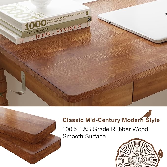 Solid Wood Desk with Drawers - 48 Inch Writing Desk with Drawers, Mid Century Modern Desk with 2 Hooks, Rubber Wood Study Table for Bedroom, Living Room & Office, Walnut Color