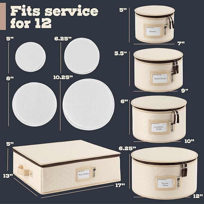 Hard Shell China Storage Containers 5-Piece Set Moving Boxes for Dinnerware, Glasses, Plates, Mugs and Saucers Sturdy Dish Organizer with Dividers for Seasonal Storage - Service for 12 - Beige Quilted