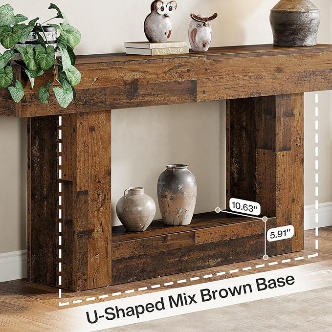 Tribesigns 63" Console Table, Farmhouse 2-Tier Entryway Table with U-Shaped Base, Narrow Long Wood Sofa Table Behind Couch Table for Living Room, Hallway, Foyer, Mix Brown