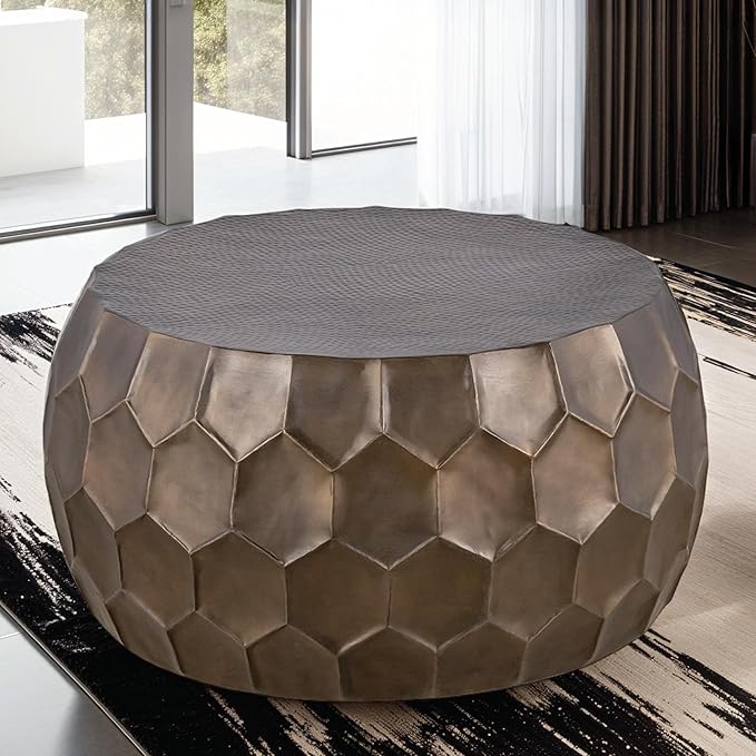 CT101 Modern Contemporary Round Aluminum Material 32" Coffee Table, Farmhouse Table with Glossy Diamond-Patterned Base Antique Gold