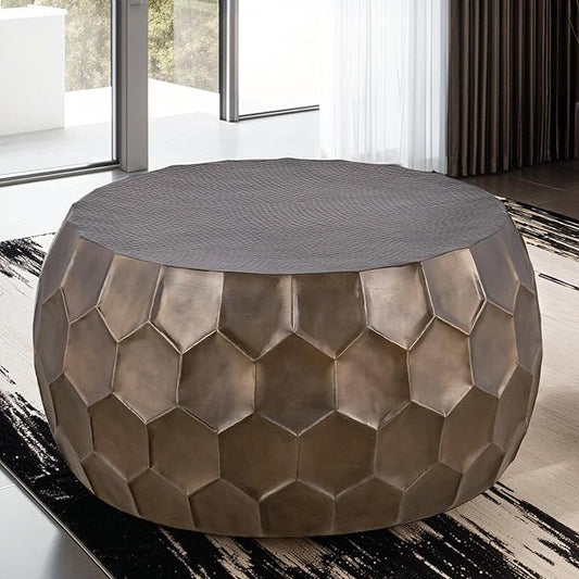 CT101 Modern Contemporary Round Aluminum Material 32" Coffee Table, Farmhouse Table with Glossy Diamond-Patterned Base Antique Gold