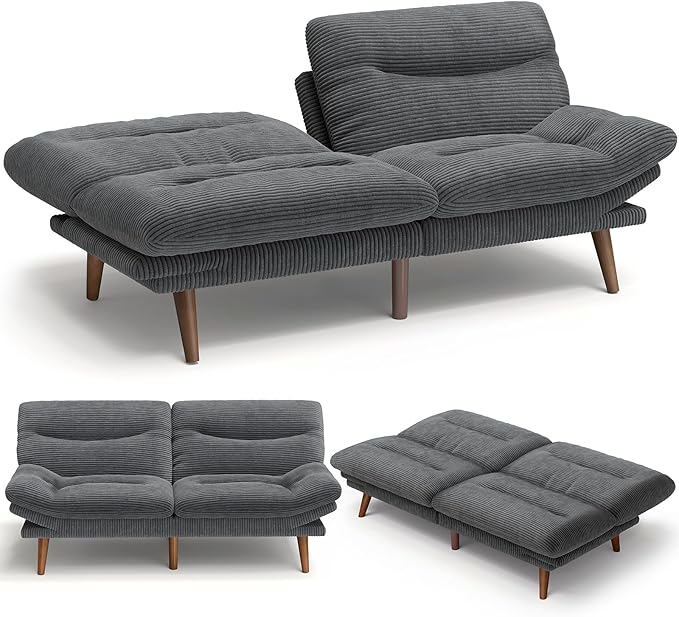 Amada 66" Convertible Futon Sofa Bed, Corduroy Folding Futon Set with Adjustable Backrest &Armrests, Recliner Lounge for Living Room, Apartment or Office, Solid Wood Frame, Loveseat Sofa - Grey