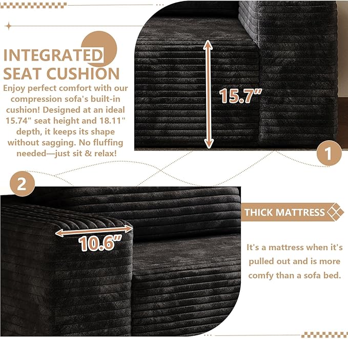 Cloud Loveseat Sofa, Modern Corduroy 2-Seater Couch with Deep Seat, No Assembly Required Memory Foam Sofa, Boneless Sofa in a Box for Bedroom, Apartment, Office,Small Space (Black,63in)