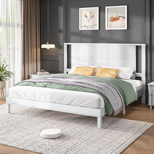 AMERLIFE Solid Wood King Size Bed Frame with Headboard, Mid Century Modern Style Platform Bed with Under-Bed Storage, No Box Spring Needed, Noise Free, Easy Assembly, Antique White