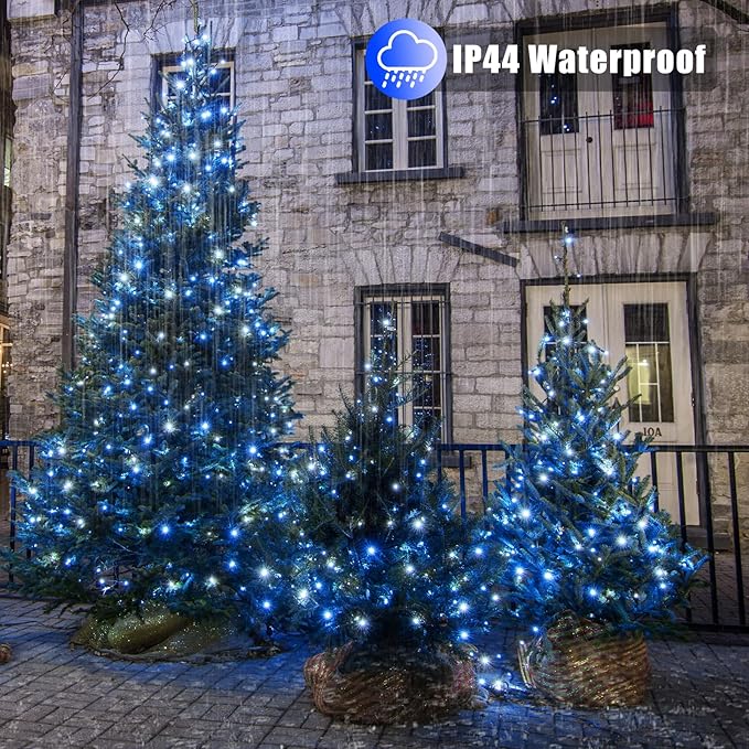 Vivideal 200 LED Christmas Lights Outdoor, 66ft Christmas String Lights 8 Modes Plug in Waterproof Fairy Lights with Timer Memory for Indoor Outside Bedroom Home Party Decoration, Blue&White