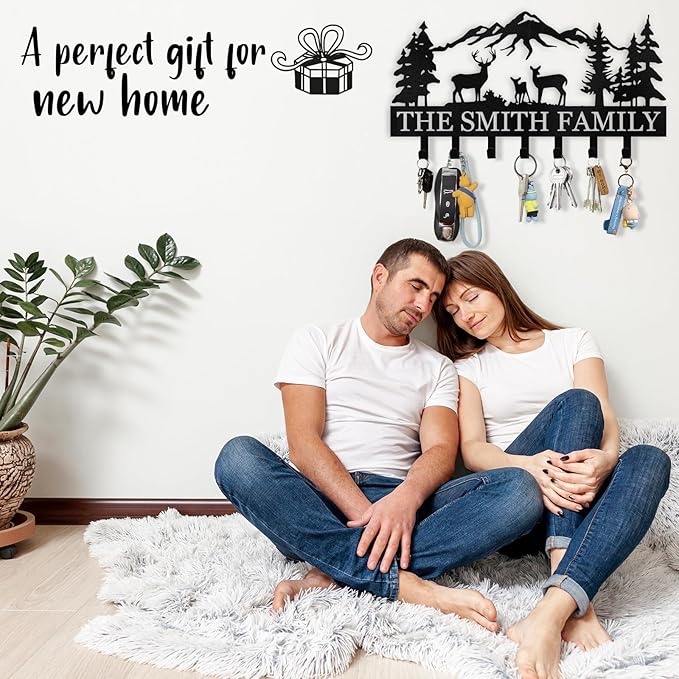 Personalized Key Holder for Wall - Metal Key Hooks for Wall Organizer, Deer Forest Theme Key Rack Wall Mount, Key Hanger Organizer for Kitchen, Entryway, Hallway, Office Decor