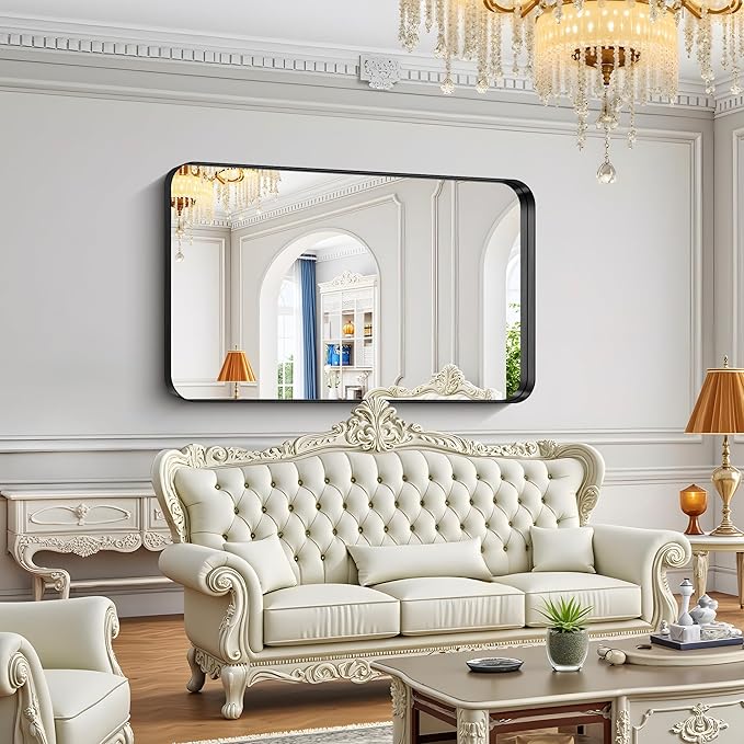 FORBATH 60x36 Inch Large Bathroom Mirror for Double Sinks, Brushed Black Deep Frame Wall Mirror with Rounded Corners, Anti-Rust Tempered Glass for Modern Farmhouse Vanity (Horizontal/Vertical)