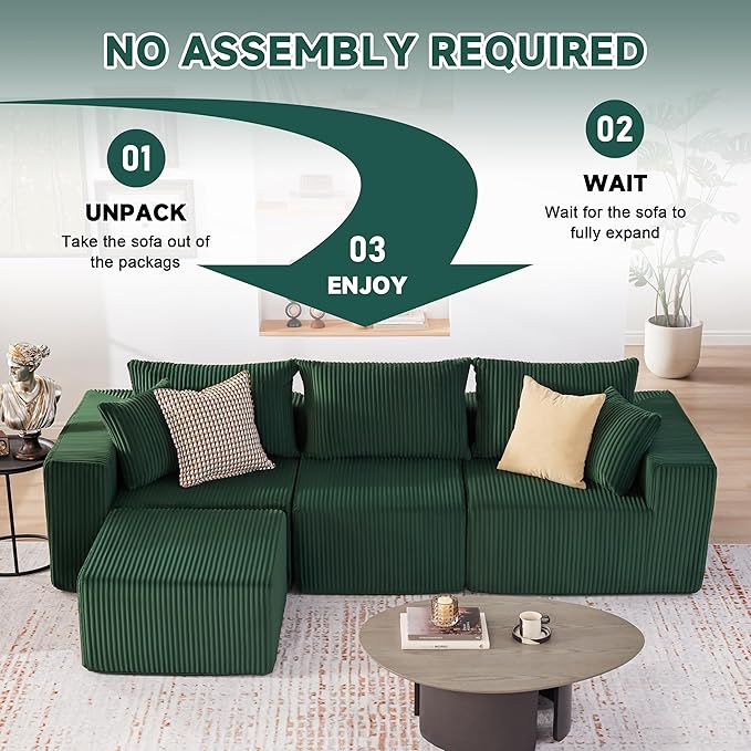107.4" Cloud Couch Sectional, Modular Sofa with Deep Seat, Plush Corduroy L Shaped Boneless Couch, Convertible Sectional Couches for Living Room, 4Seat, Green
