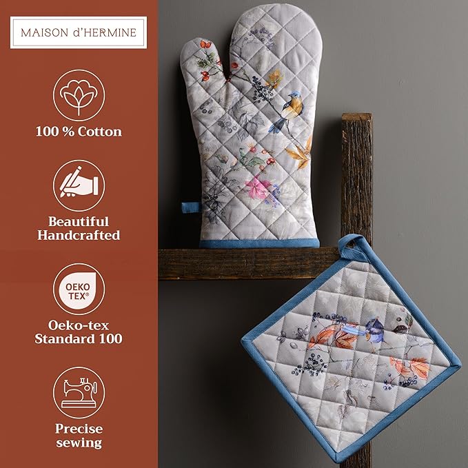 Maison d' Hermine 100% Cotton Oven Mitt & Pot Holder Set (7.5"x13" & 8"x8") Heat Resistant BBQ Cooking Gloves with Loop for Thanksgiving Christmas Decorations Handling Hot Pans (Equinoxe - Grey)