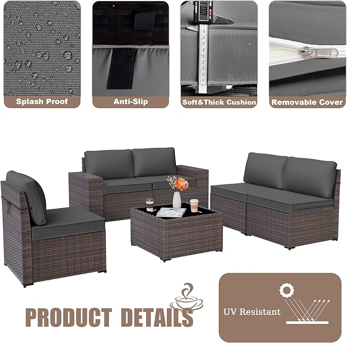 Kurapika 6 Pieces Patio Furniture Set, Rattan Outdoor Conversation Sets w/4 Inch Cushion and Glass Coffee Table(Grey)
