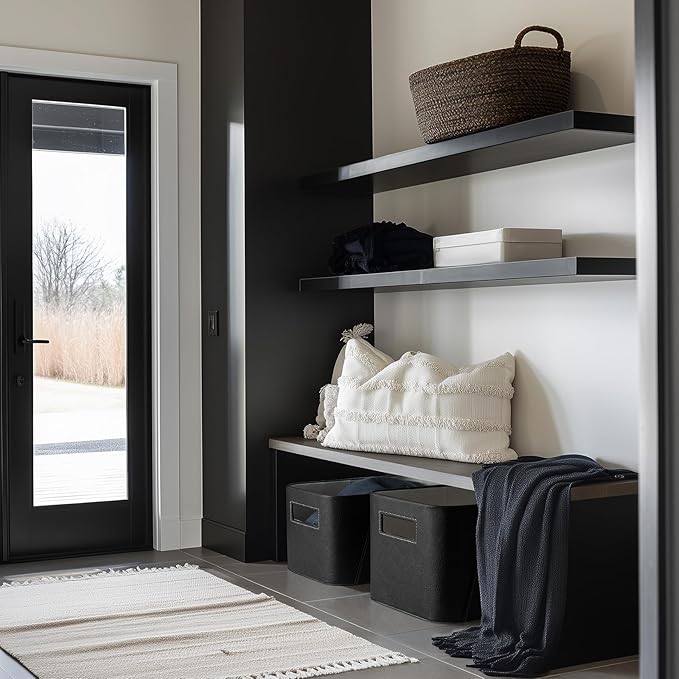 La Jolie Maison Storage Baskets for Organizing, 2 Pack, Luxury Vegan Leather Storage Cube Boxes for Closet Shelf Cabinet Bookcase, Carbon Black