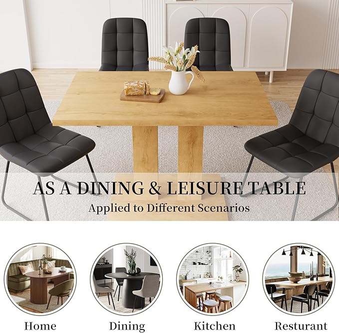 Dining Table Set for 4-6 People, 46 Inch Modern MDF Oak Kitchen Table with 4 Faux Leather Chairs, Rectangular Dining Room Table Set for Home, Small Spaces, Breakfast Nook (Oak Table + 4 Black Chairs)