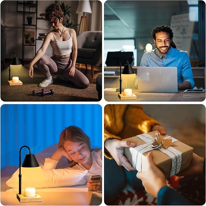 Black Dimmable Candle Warmer Lamp, Adjustable Height, Timer, Wooden Base, for Scented Wax with 2 Bulbs