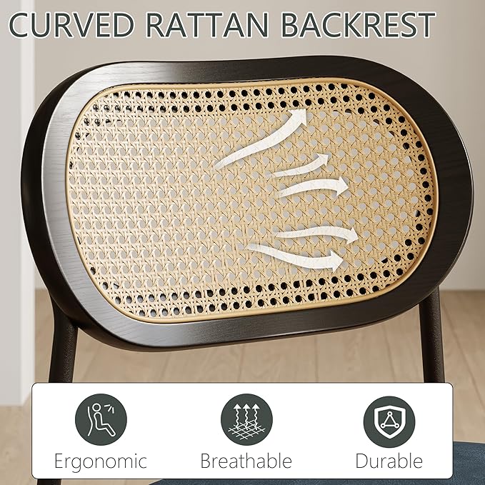 Rattan Dining Chairs Set of 4, Blue Leather Upholstered Dining Chairs with Rattan Cane Back, Mid Century Modern Dining Room Chairs with Black Metal Legs & D-Shaped Thicken Cushion, Blue