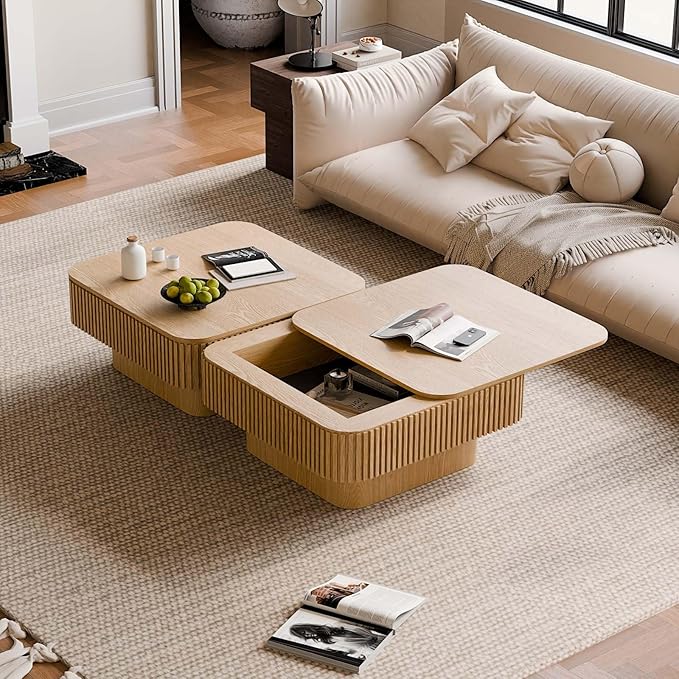 31.5'' Small Square Coffee Table with Storage, Fluted Coffee Table with Solid Wood Veneered, Mid Century Modern Wooden Center Table, Accent Tea Table for Small Space Living Room Apartment, Natural