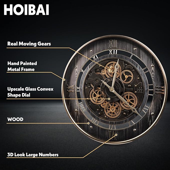 HOIBAI Wall Clock, 24 Inch Moving Gears Clock Large Wall Clock for Living Room Decor Rustic Vintage Industrial Steampunk Farmhouse Big Clock for Home Kitchen Bedroom Office