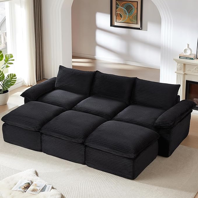 141.74" Sectional Couches for Living Room Modern Modular Sofa with U-Shape Couchs Upholstered Corduroy Boneless Couch Deep Seat Cloud Couch with Ottoman, No Assembly Required, Black