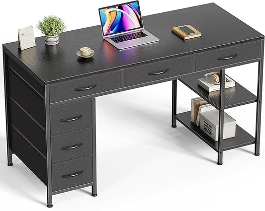 Huuger Computer Desk with 6 Drawers, 47 Inch Office Desk with Shelves, Reversible Gaming Desk, Corner Desk with Storage, Work Desk for Home Office, Study, Living Room, Black