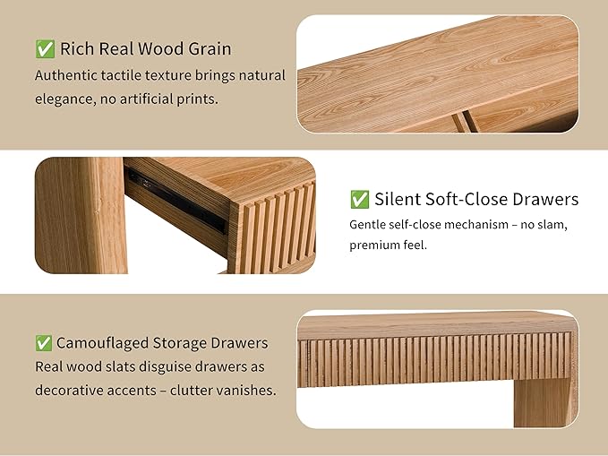 59.8”Rectangular Rustic Fluted Console Table with 2 Drawers,Solid Wood Entry Table Hallway Table, Modern Farmhouse Narrow Sofa Table for Foyer Living Room,Bedroom,Apartments-Natural Oak