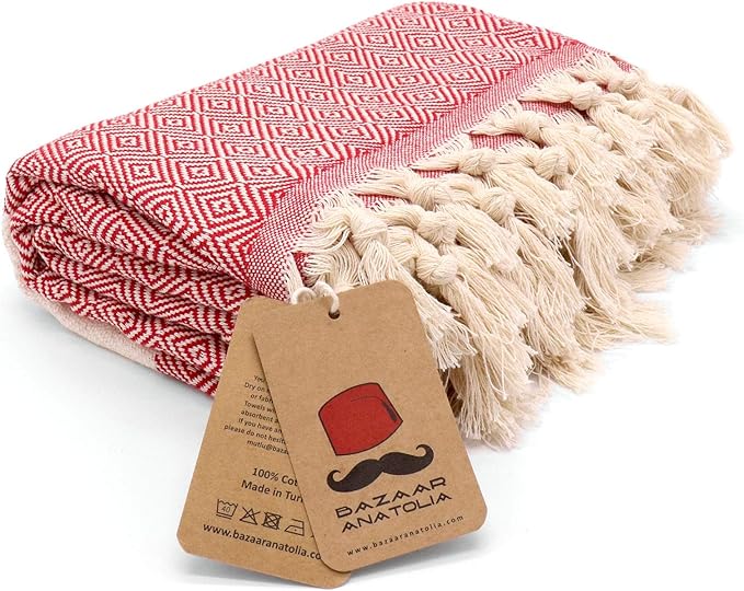 Bazaar Anatolia Turkish Beach Towel – 100% Cotton, Quick Dry, Sand Free Towel for Bathroom, Camping, Travel – Oversized 71x39 Inches – Diamond Red