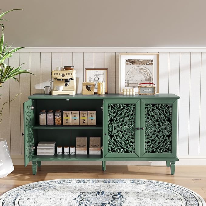 Retro 60'' Large Storage Cabinet Sideboard with 4 Hollow-Carved Doors and Adjustable Shelves, Acacia Wood Vintage Entryway Console Table TV Stand for Living Room Dining Room (Antique Green-LK)
