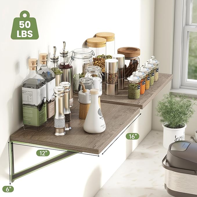 Heimlove 12 Inch Deep Floating Shelves for Wall, 16W x 12D Wide Floating Shelves Heavy Duty, Wood Wall Shelves for Living Room Bedroom Bathroom Kitchen- Set of 4