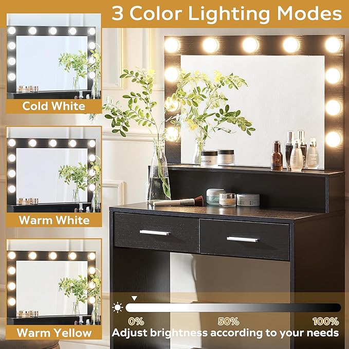 MIRROTOWEL Vanity Desk with Mirror and Lights, Dressing Table with Large Drawer, 2 Level Storage Dresser & 3 Lighting Modes Adjustable Brightness, Suitable for Bedroom